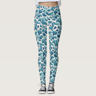 White and Blue Abstract Leaves Coastal Pattern Leggings