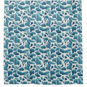 White and Blue Abstract Leaves   Coastal Pattern Shower Curtain