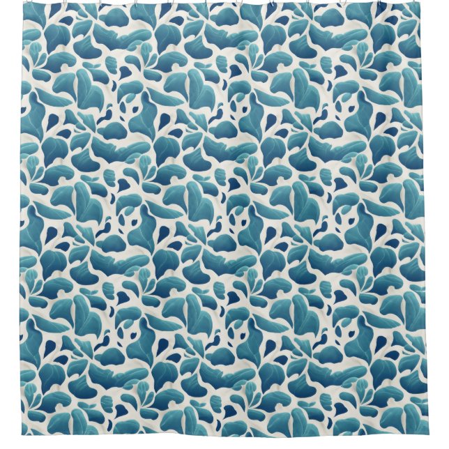 White and Blue Abstract Leaves | Coastal Pattern Shower Curtain (Front)