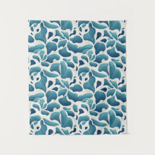 White and Blue Abstract Leaves   Coastal Pattern Tapestry