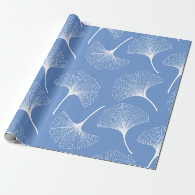 White and blue abstract leaves pattern wrapping paper (Unrolled)