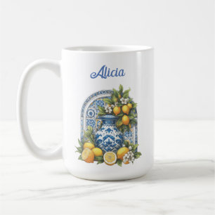White and Blue Amalfi Ceramic Vase Lemons Italy Coffee Mug