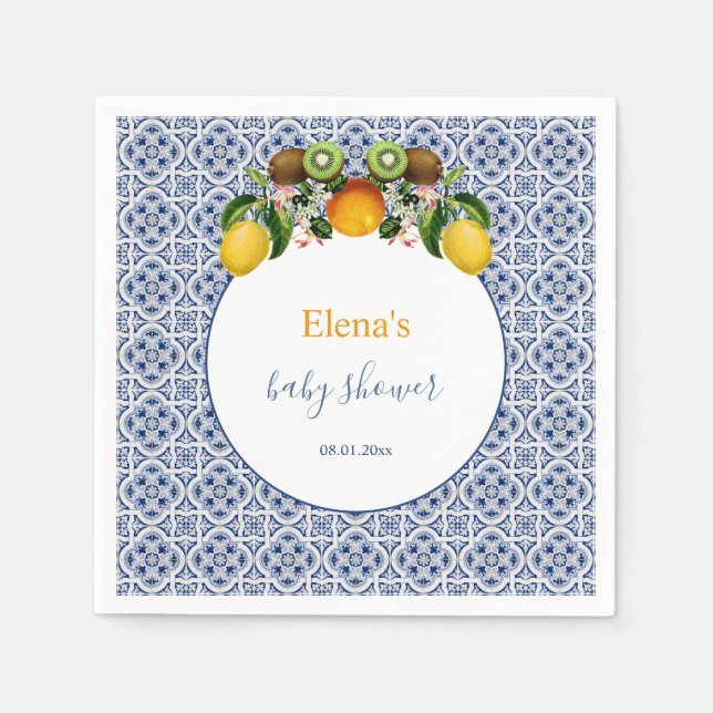White and Blue Amalfi Lemons Italy Baby Shower  Napkin (Front)