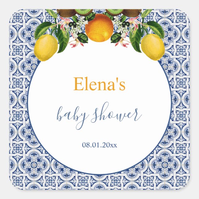 White and Blue Amalfi Lemons Italy Baby Shower  Square Sticker (Front)