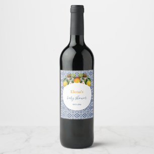 White and Blue Amalfi Lemons Italy Baby Shower Wine Label