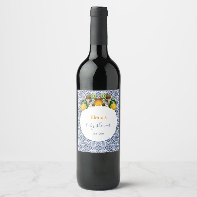 White and Blue Amalfi Lemons Italy Baby Shower Wine Label (Front)