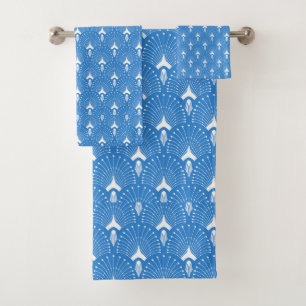 White and blue art-deco pattern bath towel set