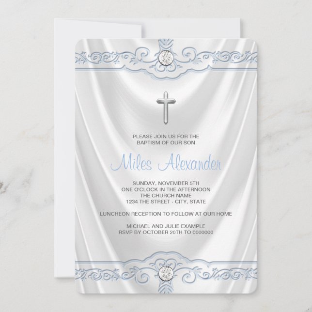White and Blue Baptism Christening White Satin Invitation (Front)