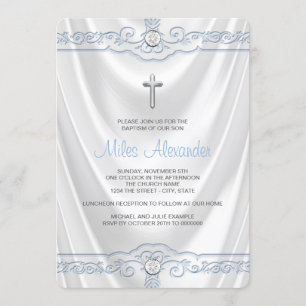 White and Blue Baptism Christening White Satin Invitation