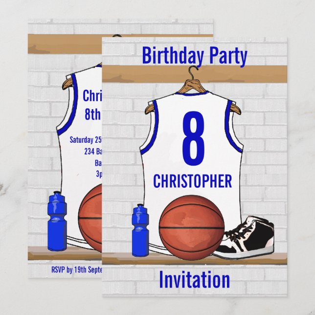 White and Blue Basketball Jersey Birthday Party Invitation (Front/Back)