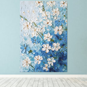 White and Blue Blossoms on Turquoise Abstract Wall Canvas Print