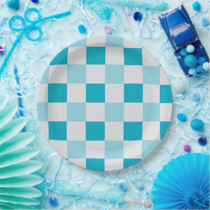 White And Blue Chequerboard Pattern Paper Plate