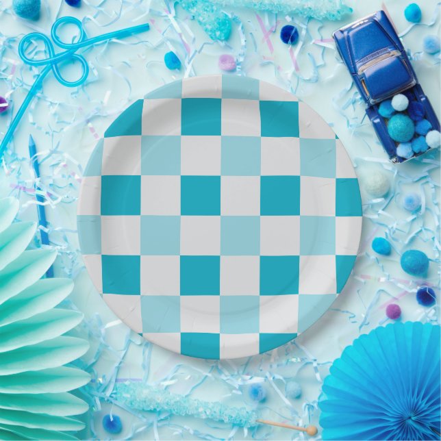 White And Blue Chequerboard Pattern Paper Plate (Party)