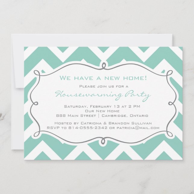 White and Blue Chevron Housewarming Party Invite (Front)