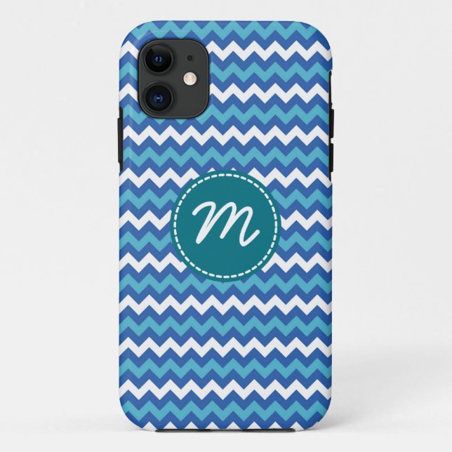 White and Blue Chevron Pattern Custom Monogram Case-Mate iPhone Case (Back)