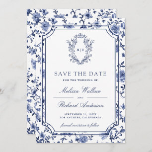 White and Blue Chinoiserie Crest Photo Wedding Save The Date