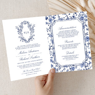 White and Blue Chinoiserie Crest QR Code Wedding Invitation
