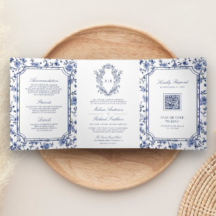 White and Blue Chinoiserie Crest QR Code Wedding Tri-Fold Invitation