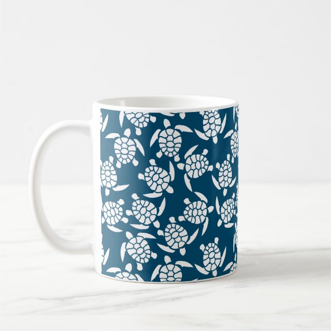 White and Blue Coastal Style Turtle Pattern Coffee Mug (Left)
