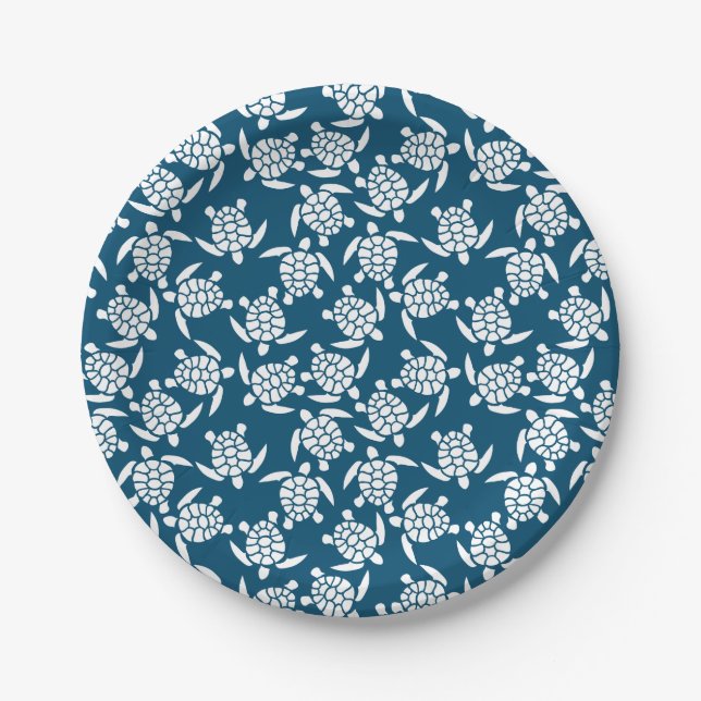 White and Blue Coastal Style Turtle Pattern Paper Plate (Front)