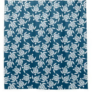 White and Blue Coastal Style Turtle Pattern Shower Curtain