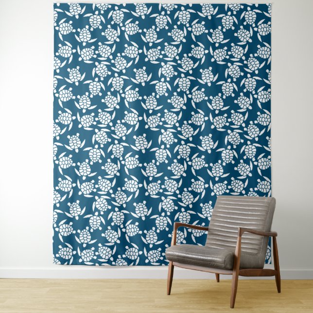 White and Blue Coastal Style Turtle Pattern Tapestry (In Situ)