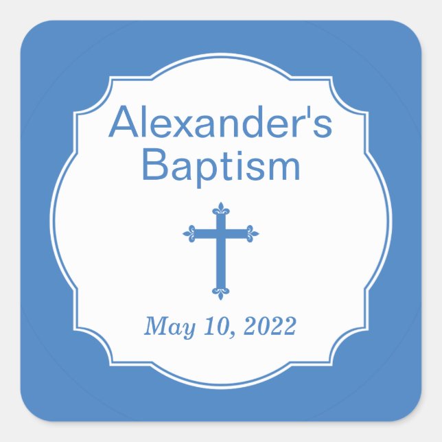 White and Blue Cross Baptism Square Sticker (Front)