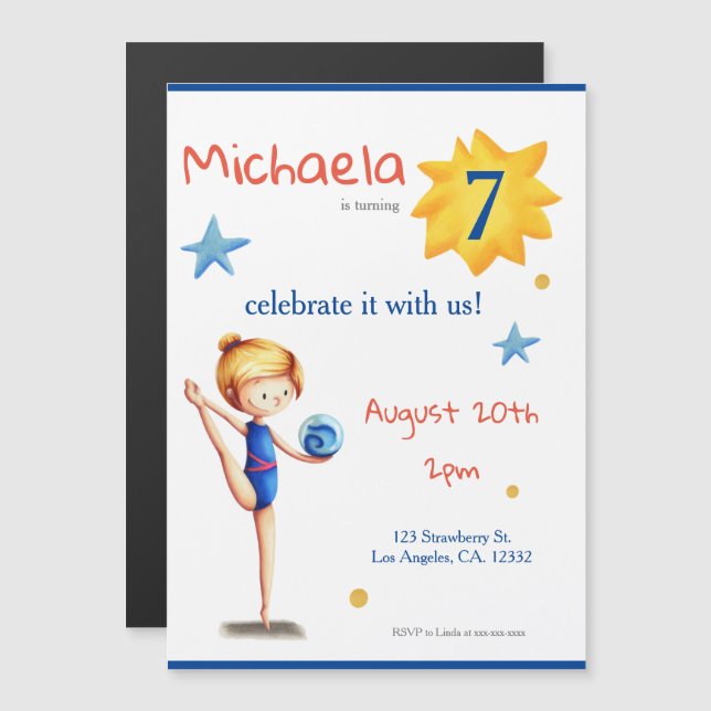 White and blue cute rhythmic gymnast illustrated magnetic invitation (Front/Back)