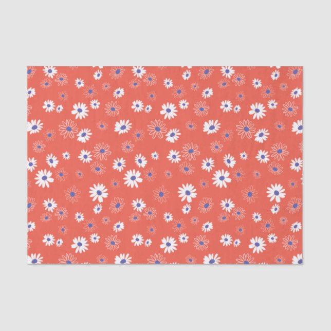 White And Blue Daisy Flowers On Red Tissue Paper (Front)