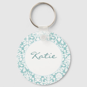 White and Blue Damask Key Ring