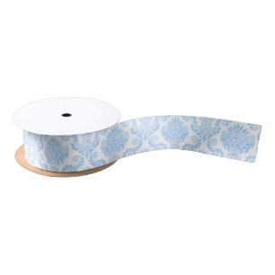 White and Blue Damask Pattern Ribbon Satin Ribbon