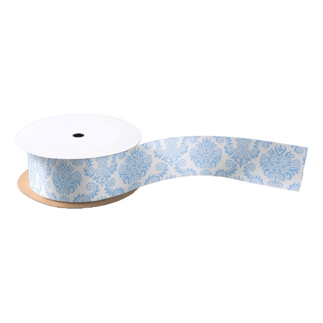 White and Blue Damask Pattern Ribbon Satin Ribbon (Spool)