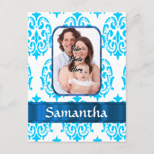 White and blue damask postcard