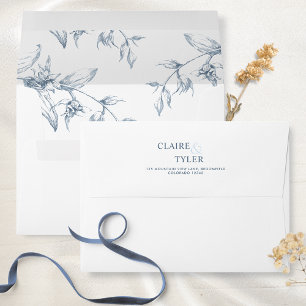 White and Blue Elegant Modern Floral Wedding Envel Envelope