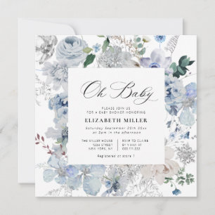 White and blue floral baby shower invitation