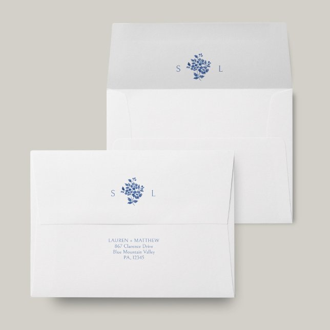 White and Blue Floral Monogram Wedding  Envelope (Creator Uploaded)