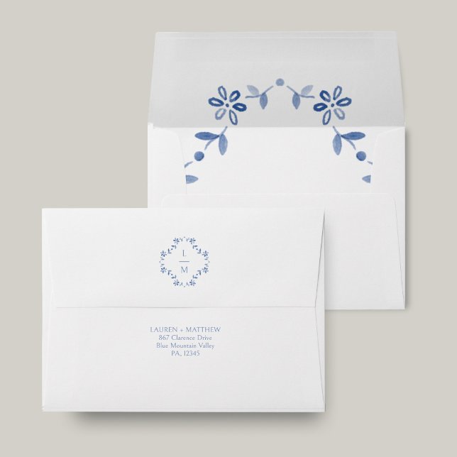 White and Blue Floral Monogram Wedding  Envelope (Creator Uploaded)