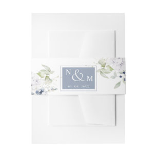 White and Blue Floral, Monogram Wedding Invitation Belly Band