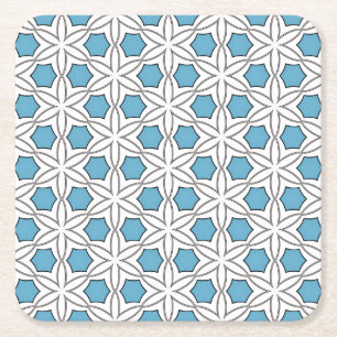 White and Blue Floral Mosaic Square Paper Coaster