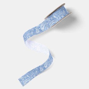 White and Blue Floral Paisley Satin Ribbon