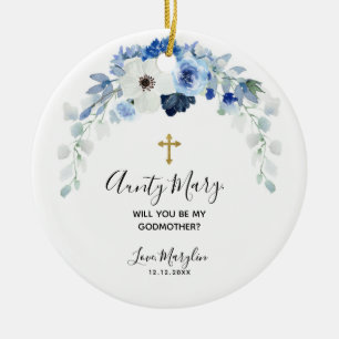 White and Blue Floral Will you be my Godmother Ceramic Tree Decoration