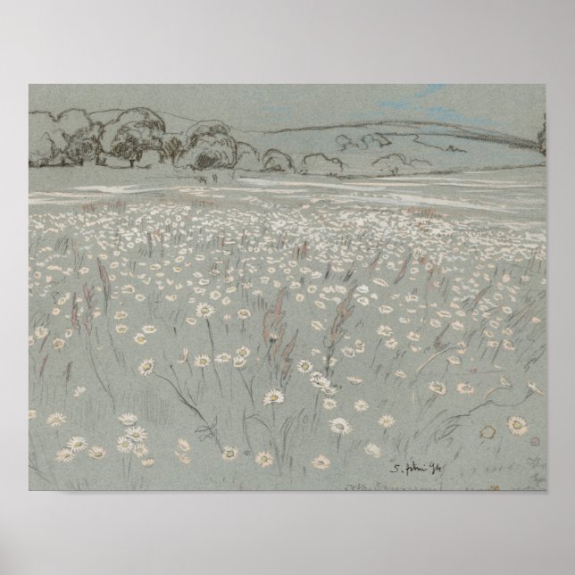 White and blue flower field vintage art print (Front)