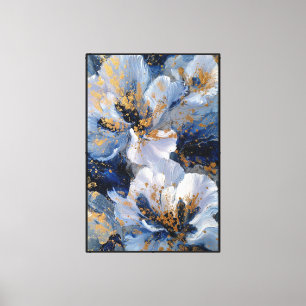 White and Blue Flowers with Gold Splatter Canvas Print