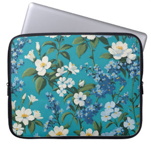 White and Blue Flowers with Teal background Floral Laptop Sleeve