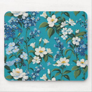 White and Blue Flowers with Teal background Floral Mouse Mat