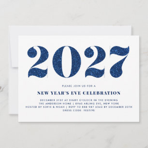 White and Blue Glitter 2024 New Year's Eve Party Invitation