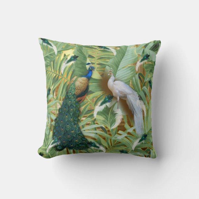 White and Blue-green Royal Peacocks Cushion (Front)