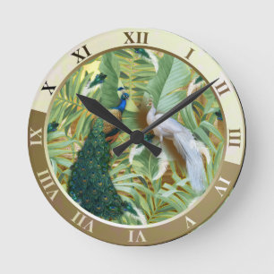 White and Blue-green Royal Peacocks Round Clock