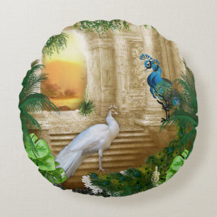 White and Blue-green Royal Peacocks Round Cushion