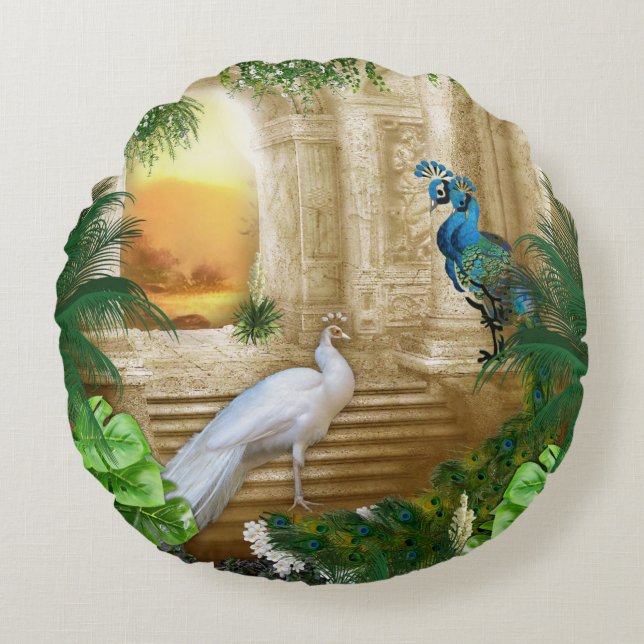 White and Blue-green Royal Peacocks Round Cushion (Front)